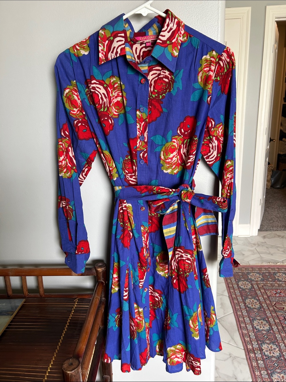 Elsa Corti Blue Floral Long-Sleeve Tie-Waist Dress